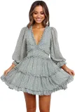 Green Ruffle Detailing Open Back Floral Dress