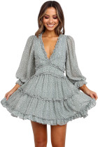 Green Ruffle Detailing Open Back Floral Dress