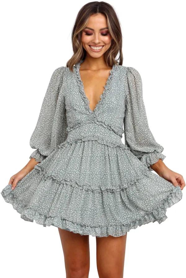 Green Ruffle Detailing Open Back Floral Dress