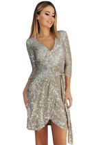Silver 3/4 Sleeve V Neck Sash Tie Sequin Party Dress