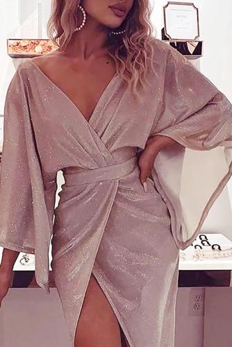 Glitter Plunge Long Sleeve Slit Dress