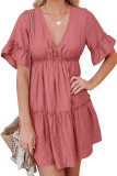 Salmon Red Pocketed Ruffle Tiered Dress