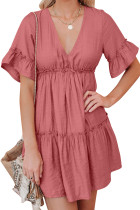 Salmon Red Pocketed Ruffle Tiered Dress