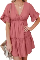 Salmon Red Pocketed Ruffle Tiered Dress