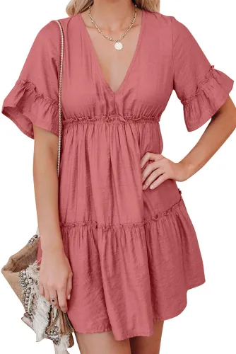 Salmon Red Pocketed Ruffle Tiered Dress