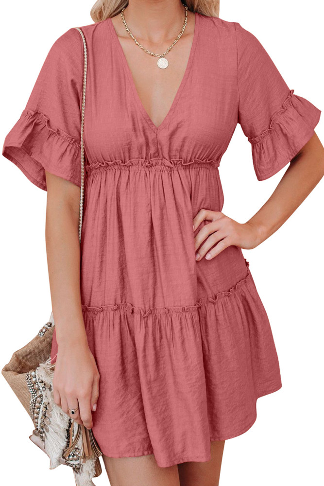 Salmon Red Pocketed Ruffle Tiered Dress