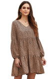 Brown Leopard Ruffle V-Neck Flowy Loose Tunic Dress