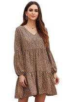 Brown Leopard Ruffle V-Neck Flowy Loose Tunic Dress