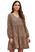 Brown Leopard Ruffle V-Neck Flowy Loose Tunic Dress