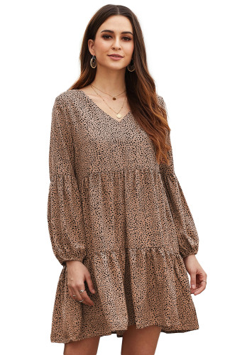 Brown Leopard Ruffle V-Neck Flowy Loose Tunic Dress