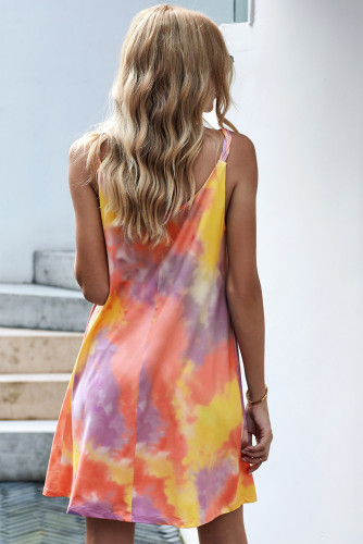Yellow U Neck Gradient Color Printed Sling Sleeveless Swing Mini Dress