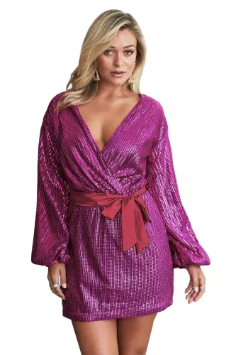 Red Sparkling Sequin Dotted Wrap Mini Dress