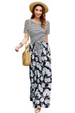 Black Floral Print Striped Belt Pockets Maxi Dress