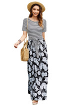 Black Floral Print Striped Belt Pockets Maxi Dress