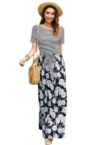 Black Floral Print Striped Belt Pockets Maxi Dress