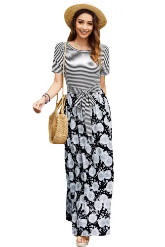 Black Floral Print Striped Belt Pockets Maxi Dress