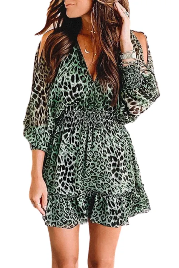 Green Backless Leopard Printed Mini Dress