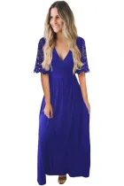 Blue Floral Lace Half Sleeve Wrap V Neck Party Long Maxi Dress