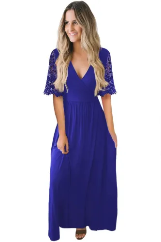 Blue Floral Lace Half Sleeve Wrap V Neck Party Long Maxi Dress