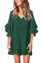 Green V Neck Ruffled Swing Tunic Shift Dress