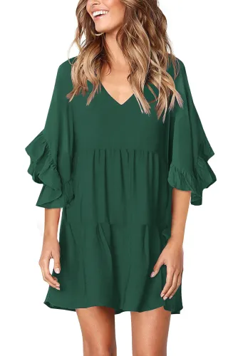 Green V Neck Ruffled Swing Tunic Shift Dress