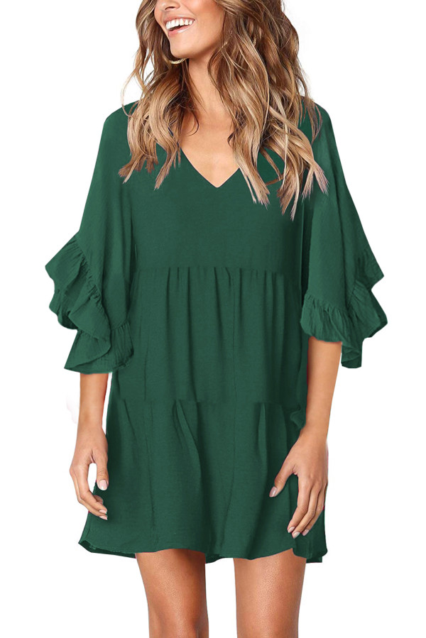 Green V Neck Ruffled Swing Tunic Shift Dress