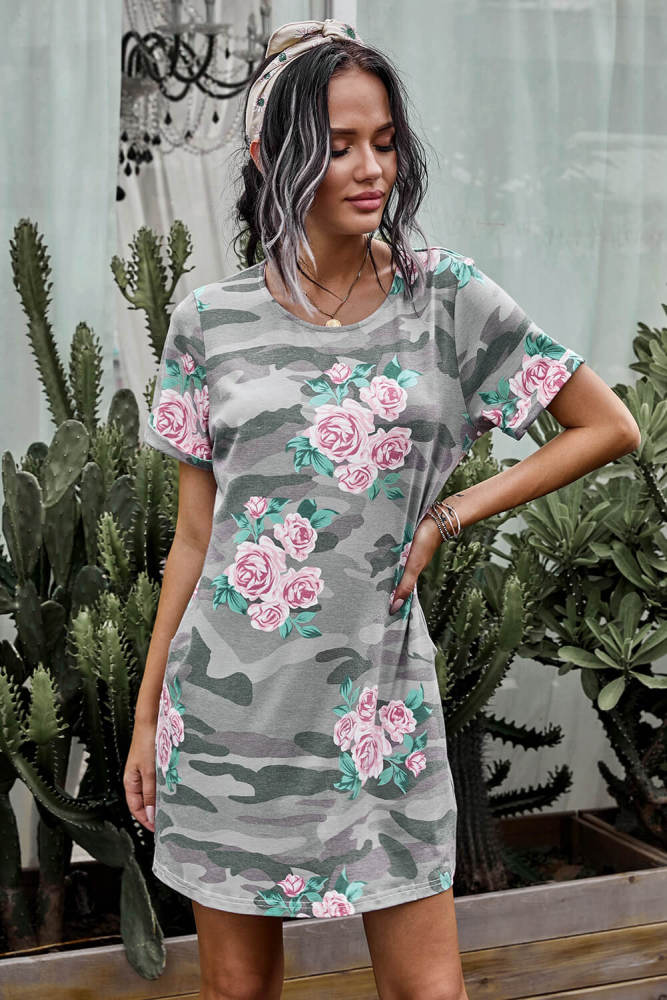 Crew Neck Camo Floral T-shirt Dress