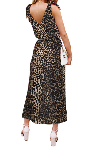 Leopard Bowknot Shoulder Straps Jersey Dress with Belt