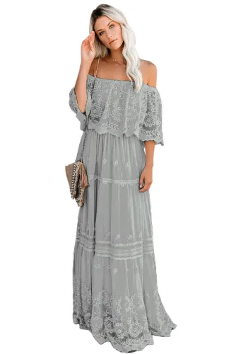 Gray Flower Child Off The Shoulder Lace Maxi Dress