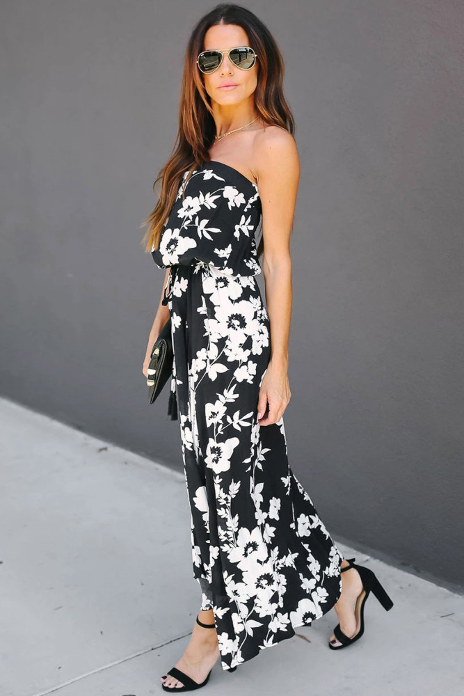 Black Strapless Floral Dress