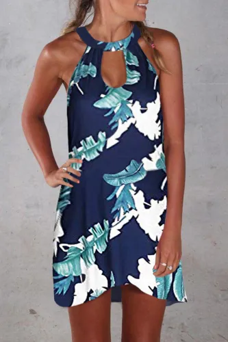 Blue Printed Hollow Out Halter Mini Dress