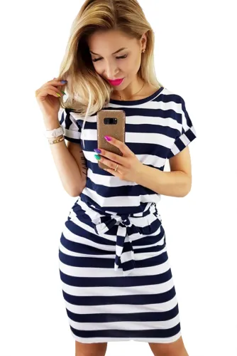 Navy Stripes Pocketed T-shirt Dress with Belt