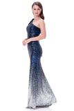 Blue Gradient One Shoulder Sequin Party Evening Dress