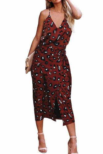Burgundy Leopard Wrap Midi Dress