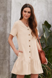 Beige Pocketed Buttoned Ruffle Dress