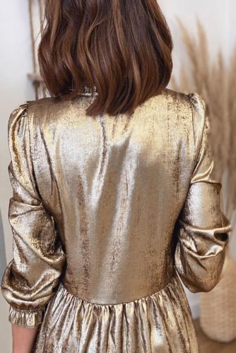 V Neck Ruffle Design Gold Mini Dress