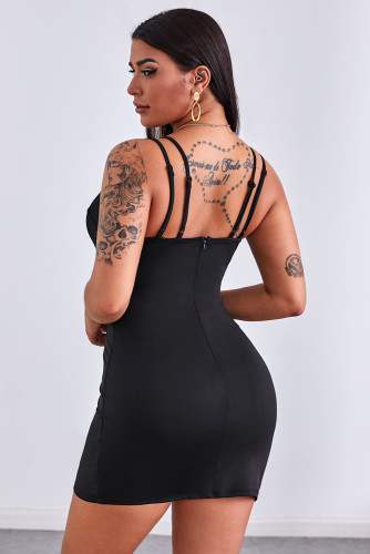 Double Straps Plunge Neck Ruched Mini Dress