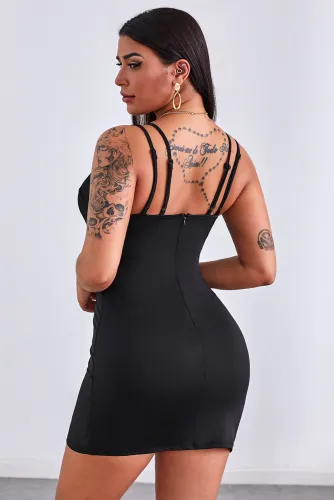 Double Straps Plunge Neck Ruched Mini Dress