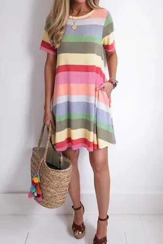 Purple Striped Color Block Casual T-Shirt Dress