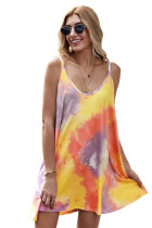 Yellow U Neck Gradient Color Printed Sling Sleeveless Swing Mini Dress