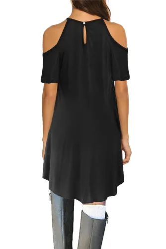 Black Lace Hollow-out Cold Shoulder Casual Dress