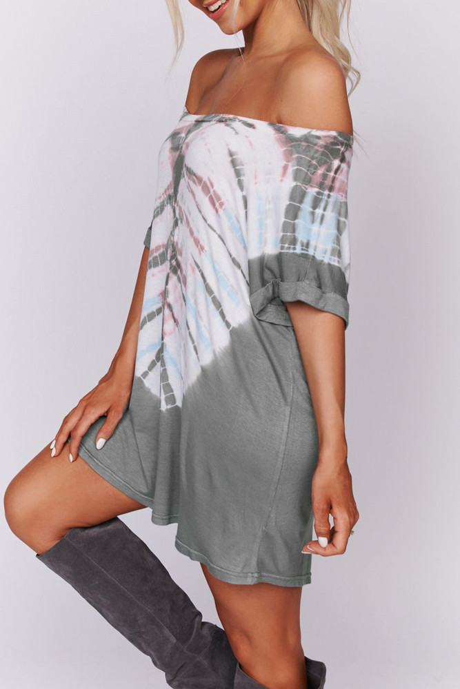 Gray Off-the-shoulder Casual T-shirt Dress with Print