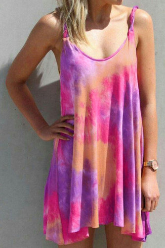 U Neck Gradient Color Printed Sling Sleeveless Swing Mini Dress