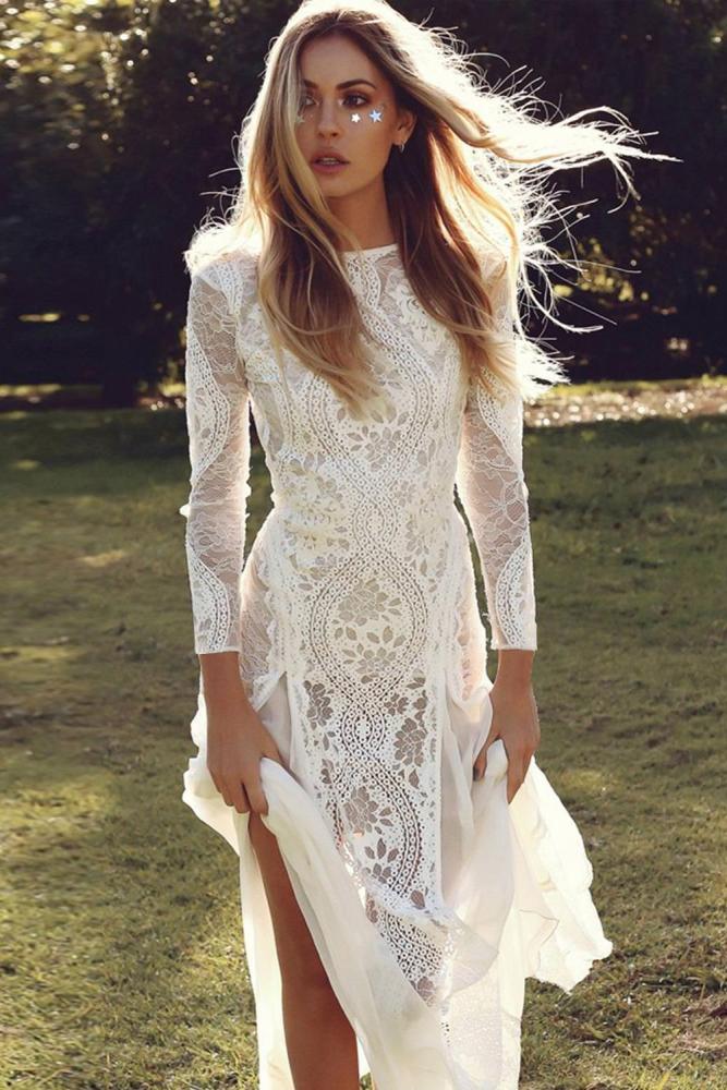 Dreamy Long Sleeve Floral Lace Wedding Party Dress