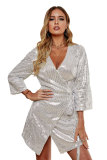 Silver Sequin Wrap Dress with Sash