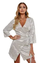 Silver Sequin Wrap Dress with Sash