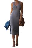 Gray Summer Ribbed Knit Midi Dress