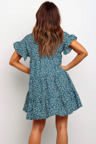 Blue Tiered Gathered Floral Print Short Dress
