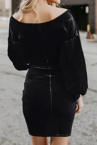 Black Puff Sleeve Off Shoulder Wrap Bodycon Velvet Dress