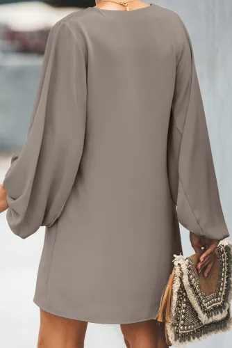 Apricot Buttoned-down V Neck Billowy Sleeve Shift Dress
